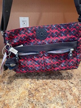 Kipling Red and Black Geometric Print Crossbody